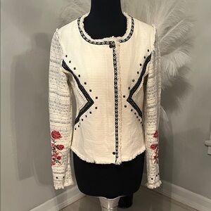 Desigual Cream Tweed Jacket with Black Trim and Red Floral Sleeves